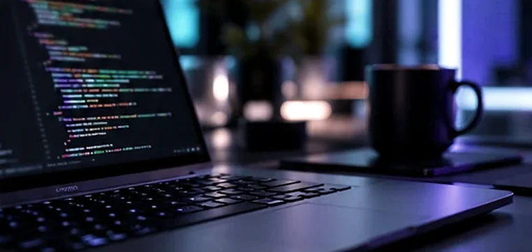 Laptop mit Quellcode auf einem Schreibtisch